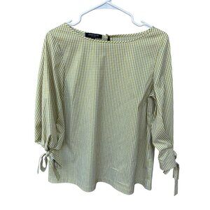Womens Lafayette 148 Crisp Green Gingham Cotton Top Size M Three-Quarter Sleeves